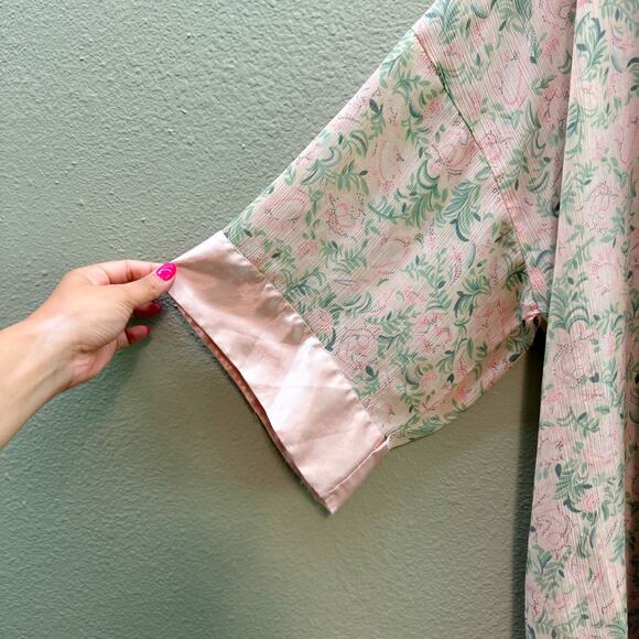 Victoria's Secret Gold Label Pink + Green Floral Satin Trim Tie Front Robe - OS - Picture 2 of 7